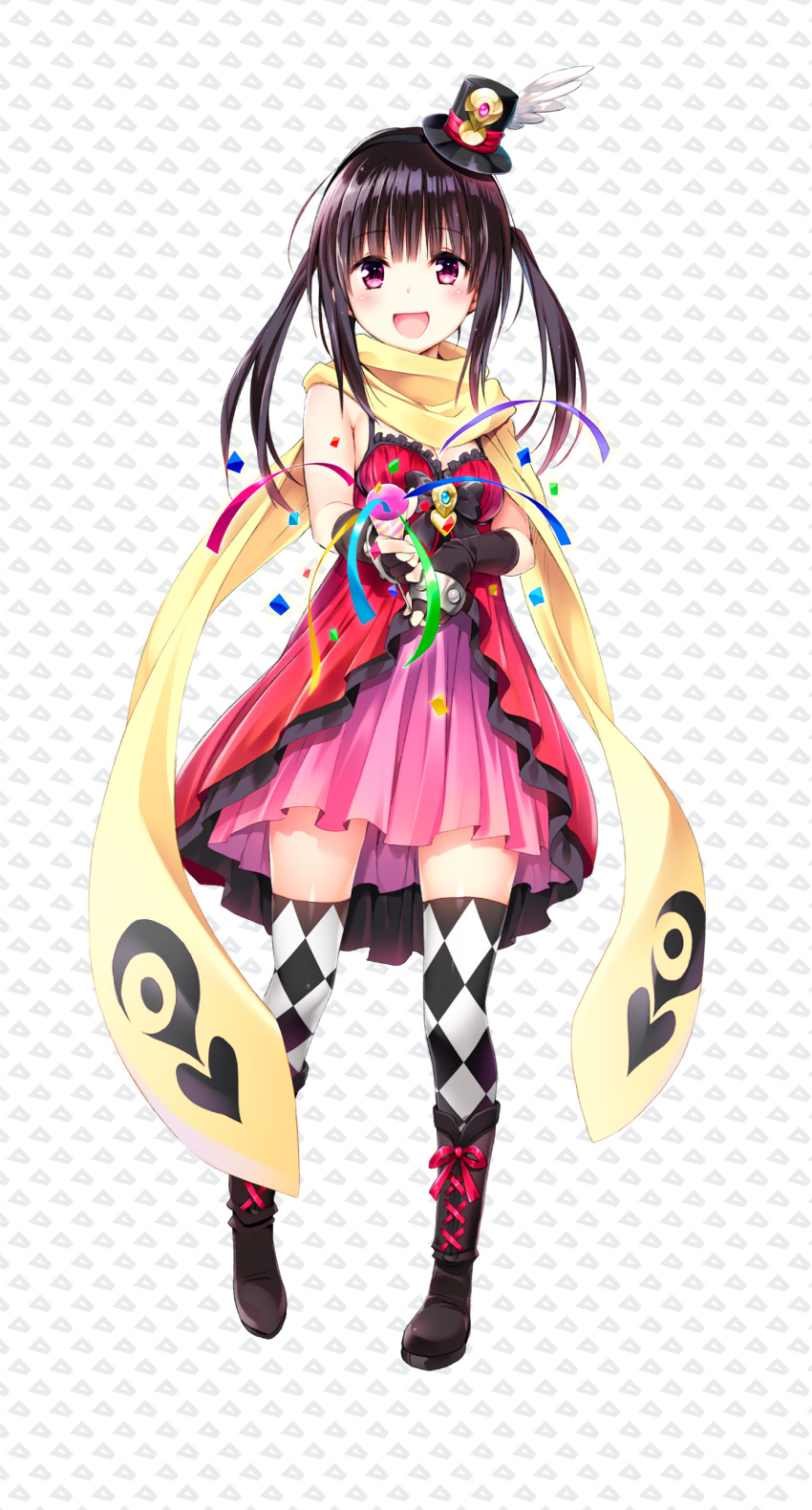 1girl, :d, absurdres, anniversary, black_bow, black_hair, blush, boots