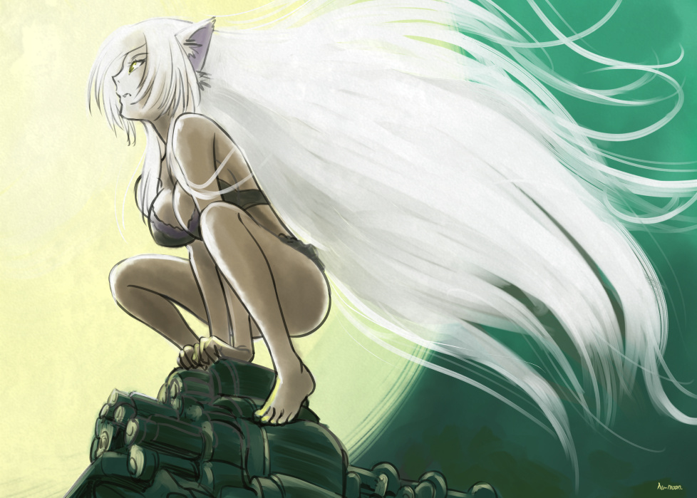 1girl, animal_ears, barefoot, black_bra, black_hanekawa, black_panties, bra, breasts, cat_ears, cleavage, fang, hanekawa_tsubasa, huumoon, large_breasts, long_hair, monogatari_(series), moon, nekomonogatari, panties, solo, underwear, very_long_hair, white_hair, yellow_eyes