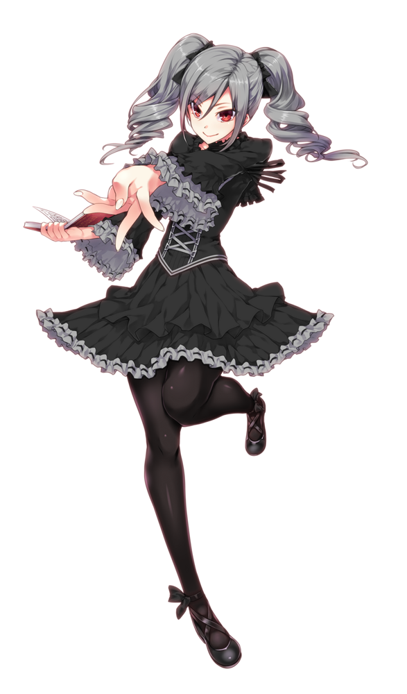 1girl, akari_maki, black_dress, black_legwear, book, dress, drill_hair, frilled_dress