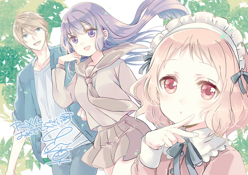 1boy, 2girls, brown_hair, long_hair, maid, maid_headdress, multiple_girls, nakayama_miyuki