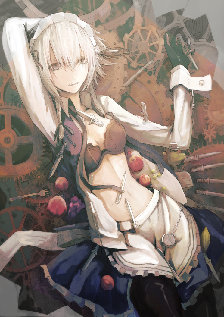 1girl, apron, arm_up, bangs, between_legs, black_bra, black_gloves, black_legwear