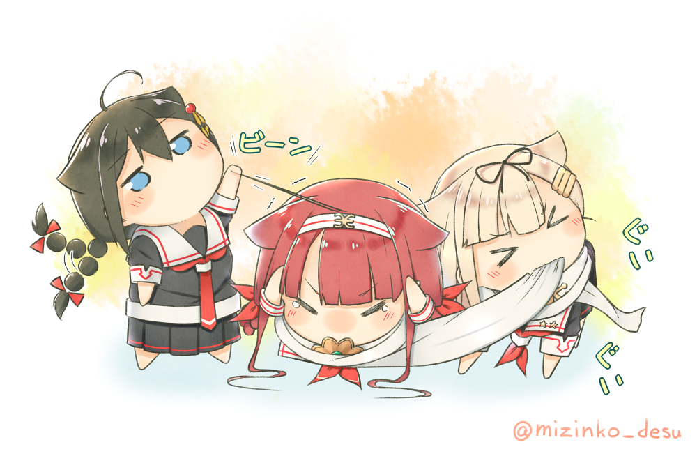 >_<, 3girls, ahoge, artist_name, biting_clothes, black_hair, black_ribbon, black_serafuku
