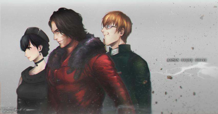 1girl, 2boys, aym, beret, black_hair, brain_(kamen_rider_drive), brown_hair, female