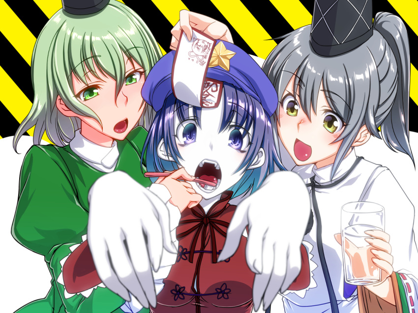 3girls, beret, blue_eyes, blue_hair, brushing_teeth, ebiten_g-san, green_eyes, green_hair, grey_hair, hat, miyako_yoshika, mononobe_no_futo, multiple_girls, ofuda, outstretched_arms, soga_no_tojiko, tate_eboshi, touhou, yellow_eyes, zombie_pose