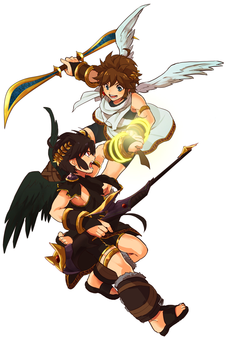 2boys, angel_wings, black_hair, blue_eyes, bow_(weapon), brown_hair, circlet, dark_pit