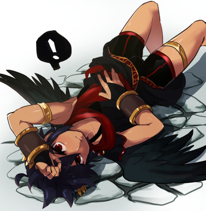 !, 1boy, alternate_color, armlet, black_hair, dark_pit, dark_skin, eichi_(wild_chicken), gloves, kid_icarus, kid_icarus_uprising, leg_belt, looking_at_viewer, lying, male_focus, on_back, partly_fingerless_gloves, red_eyes, solo, spoken_exclamation_mark, stone_floor, tan_skin