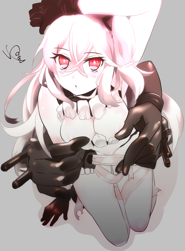 1girl, :o, arm_up, bandages, black_gloves, breasts, destroyer_water_oni, gloves
