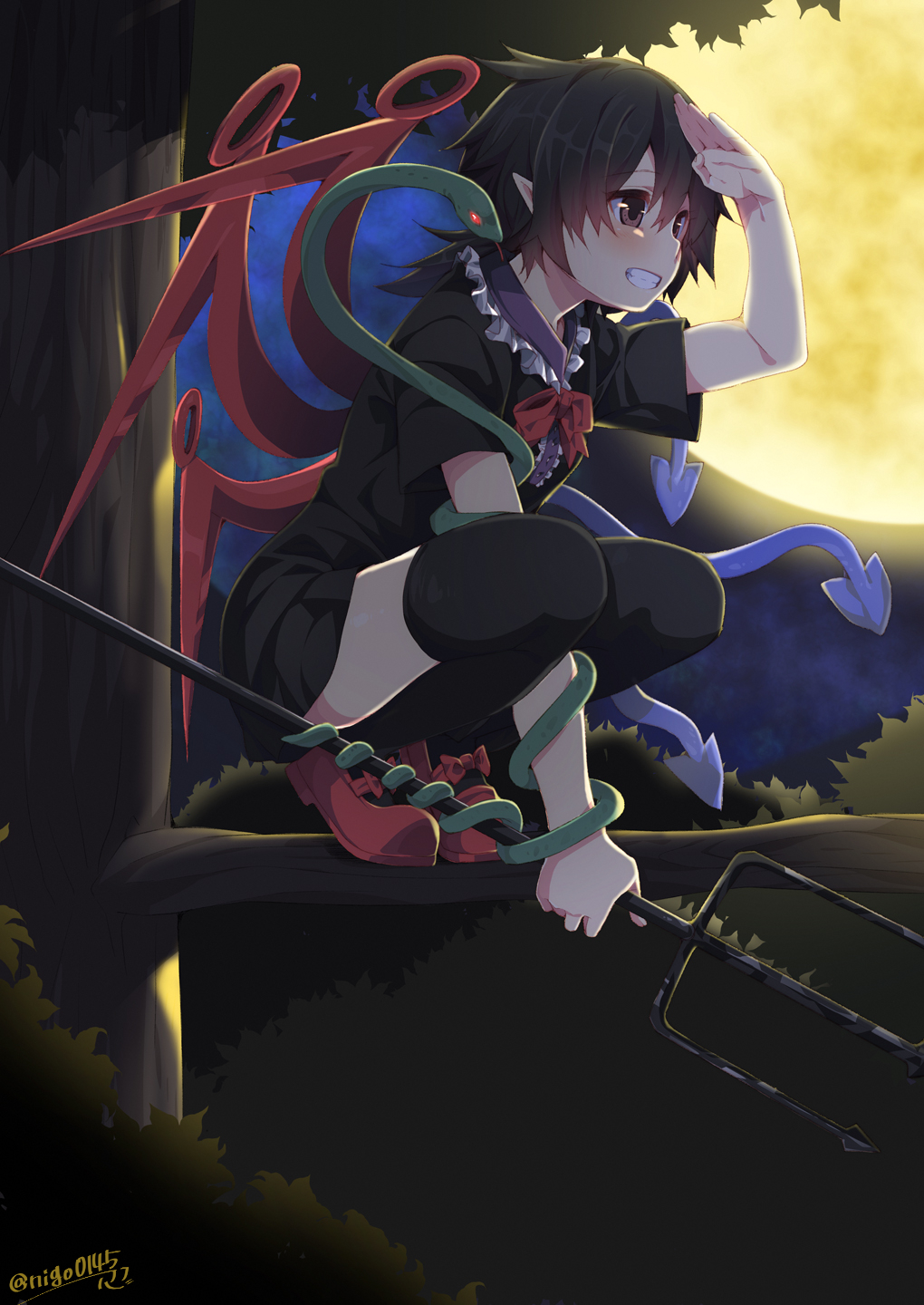 1girl, asymmetrical_wings, black_dress, black_hair, black_legwear, brown_eyes, dress, full_moon