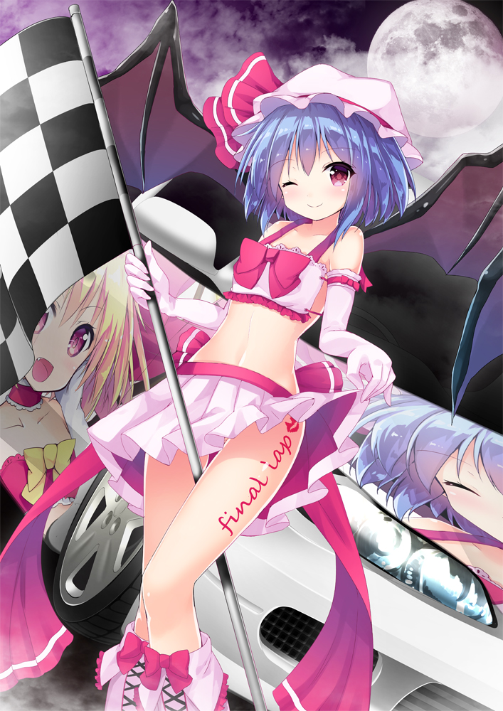 2girls, alternate_costume, bat_wings, car, character_print, dutch_angle, elbow_gloves, flandre_scarlet