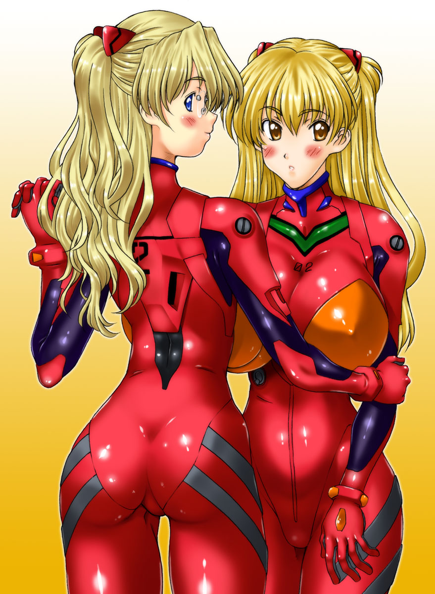back, backboob, blonde_hair, blush, breasts, cosplay, from_behind, glasses