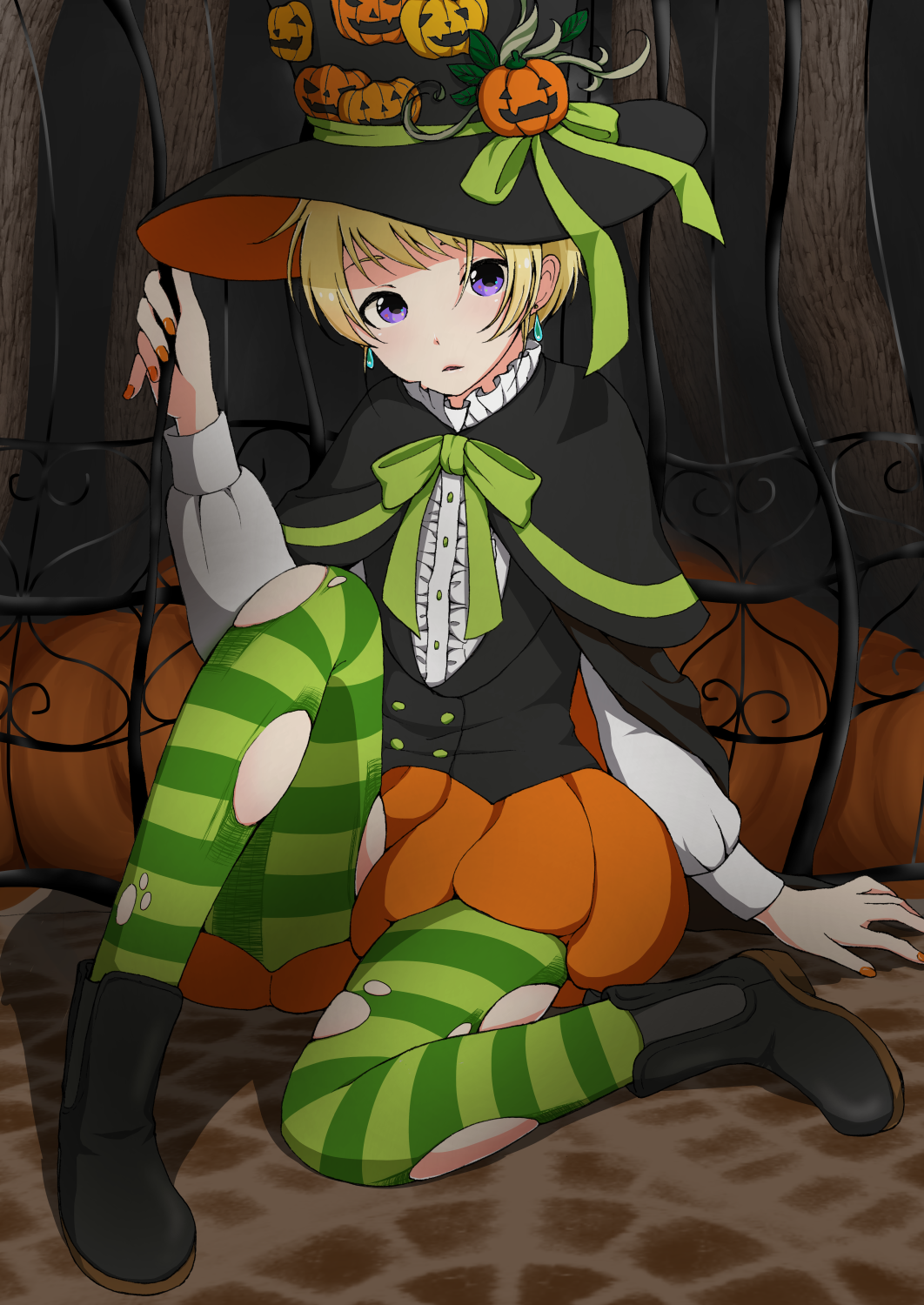 1boy, blonde_hair, boots, earrings, halloween, halloween_costume, hat, highres, idolmaster, idolmaster_side-m, jewelry, male_focus, nail_polish, niki_(nikism1987), pantyhose, pierre_(idolmaster), pumpkin, pumpkin_pants, solo, torn_clothes, torn_pantyhose, violet_eyes, wand, witch_hat