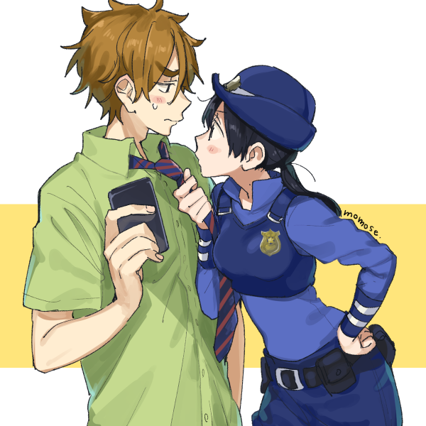 1boy, 1girl, alternate_costume, badge, black_hair, blue_eyes, brown_eyes, brown_hair