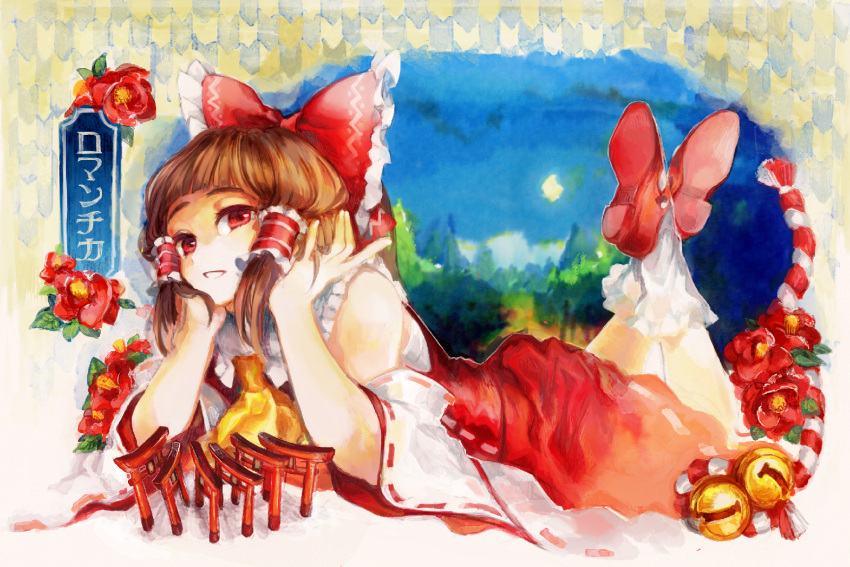 1girl, ascot, bell, brown_hair, camellia_(flower), crossed_ankles, detached_sleeves, flower