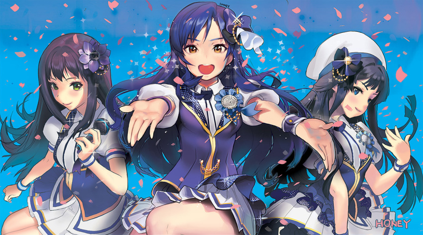 3girls, black_hair, blue_eyes, brown_eyes, brown_hair, confetti, hair_ornament, hat