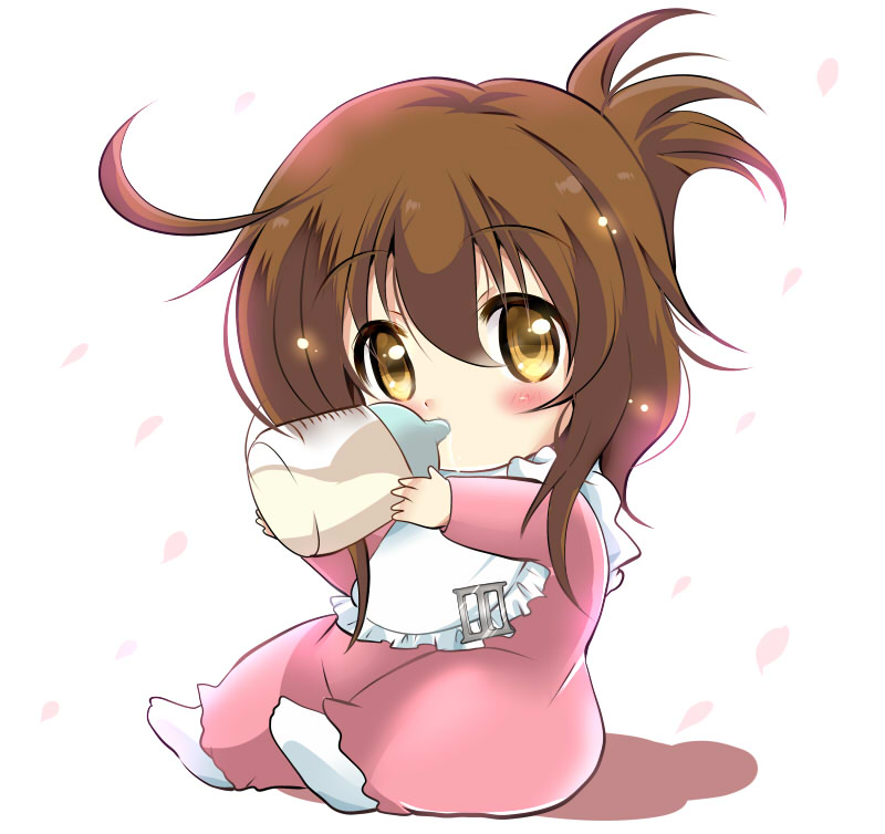 1girl, alternate_costume, baby, baby_bottle, bib, blush, bottle, brown_eyes