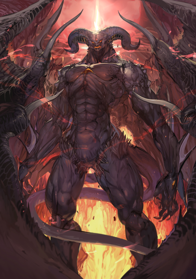 abs, commentary, demon, demon_horns, demon_tail, demon_wings, fantasy, fingernails, fire, fur, horns, ichimaru_kisuke, looking_at_viewer, monster, no_humans, original, sharp_fingernails, tail, third_eye, wings