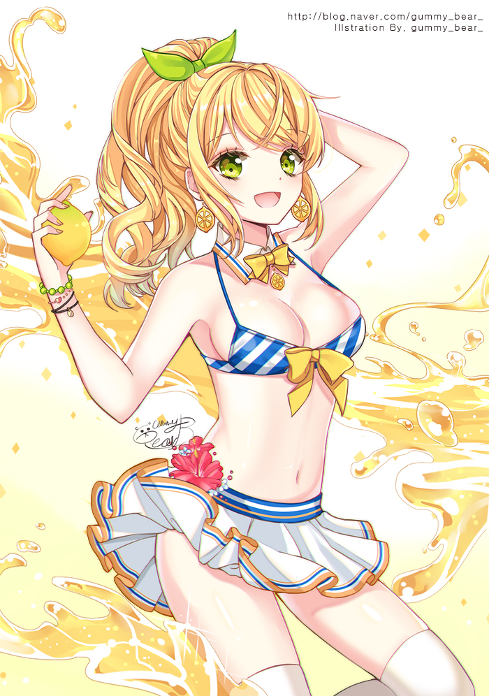 1girl, :d, arm_up, armpits, artist_name, bare_shoulders, bikini, bikini_top