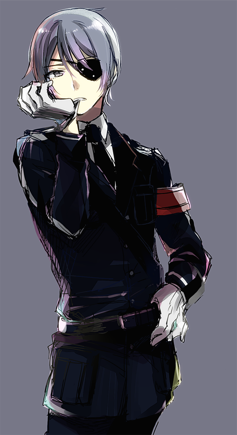 1boy, armband, biting, cosplay, eyepatch, glove_biting, gloves, grey_eyes