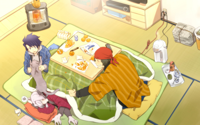 3boys, bandana, blue_hair, cat, electric_socket, enjouji_michiru, food, from_above, fruit, green_hair, haori, heater, idolmaster, idolmaster_side-m, japanese_clothes, kizaki_ren, kotatsu, male_focus, mandarin_orange, marker, multiple_boys, silver_hair, sleeping, table, taiga_takeru, tatami, the_kogado, tsuyu_saki, under_kotatsu, under_table, water_heater