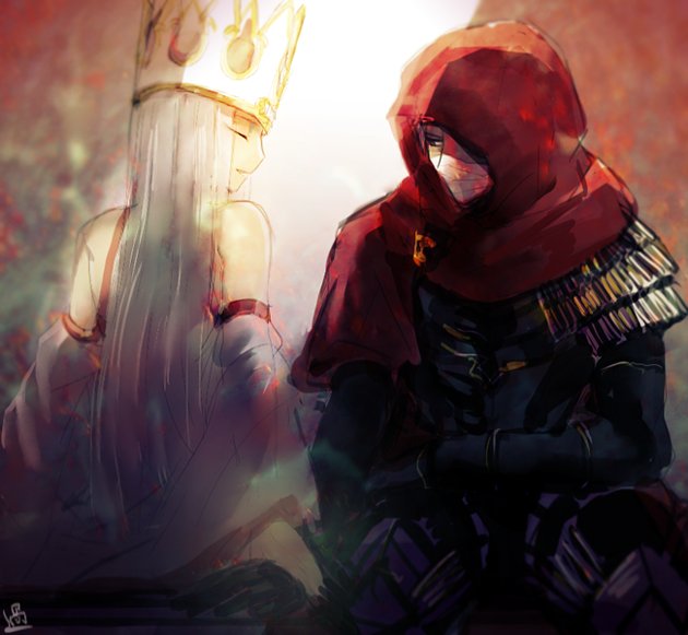 armor, ayamatazu, bandages, bare_shoulders, cloak, closed_eyes, crown, dress_of_heaven, emiya_kiritsugu, fate/grand_order, fate/stay_night, fate/zero, fate_(series), hood, hooded_cloak, irisviel_von_einzbern, long_hair, white_hair