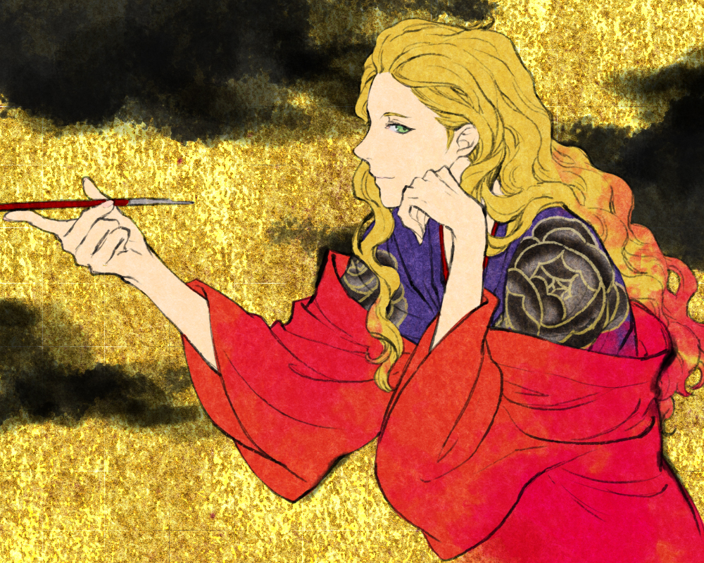 1boy, androgynous, blonde_hair, egawa_satsuki, from_side, gold, green_eyes, hanamura_shouma, hand_on_own_cheek, haori, idolmaster, idolmaster_side-m, japanese_clothes, kimono, kiseru, light_smile, long_hair, male_focus, off_shoulder, pipe, smoking, solo, sparkle, upper_body, wavy_hair