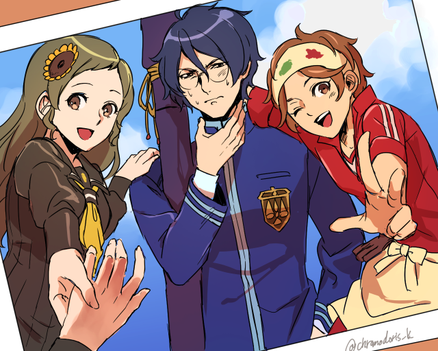 1boy, 2girls, atsui_chishio, black_hair, brown_eyes, brown_hair, flower, gyakuten_saiban, gyakuten_saiban_5, hair_flower, hair_ornament, headband, jacket, long_hair, lotter75, morizumi_shinobu, multiple_girls, necktie, one_eye_closed, open_mouth, photo_(object), school_uniform, shizuya_rei, short_hair, spoilers, sunflower_hair_ornament, sweat, uwasa_atsume