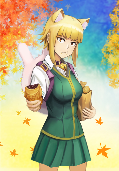 >:3, 1girl, :3, animal_ears, autumn_leaves, backpack, bag, bangs