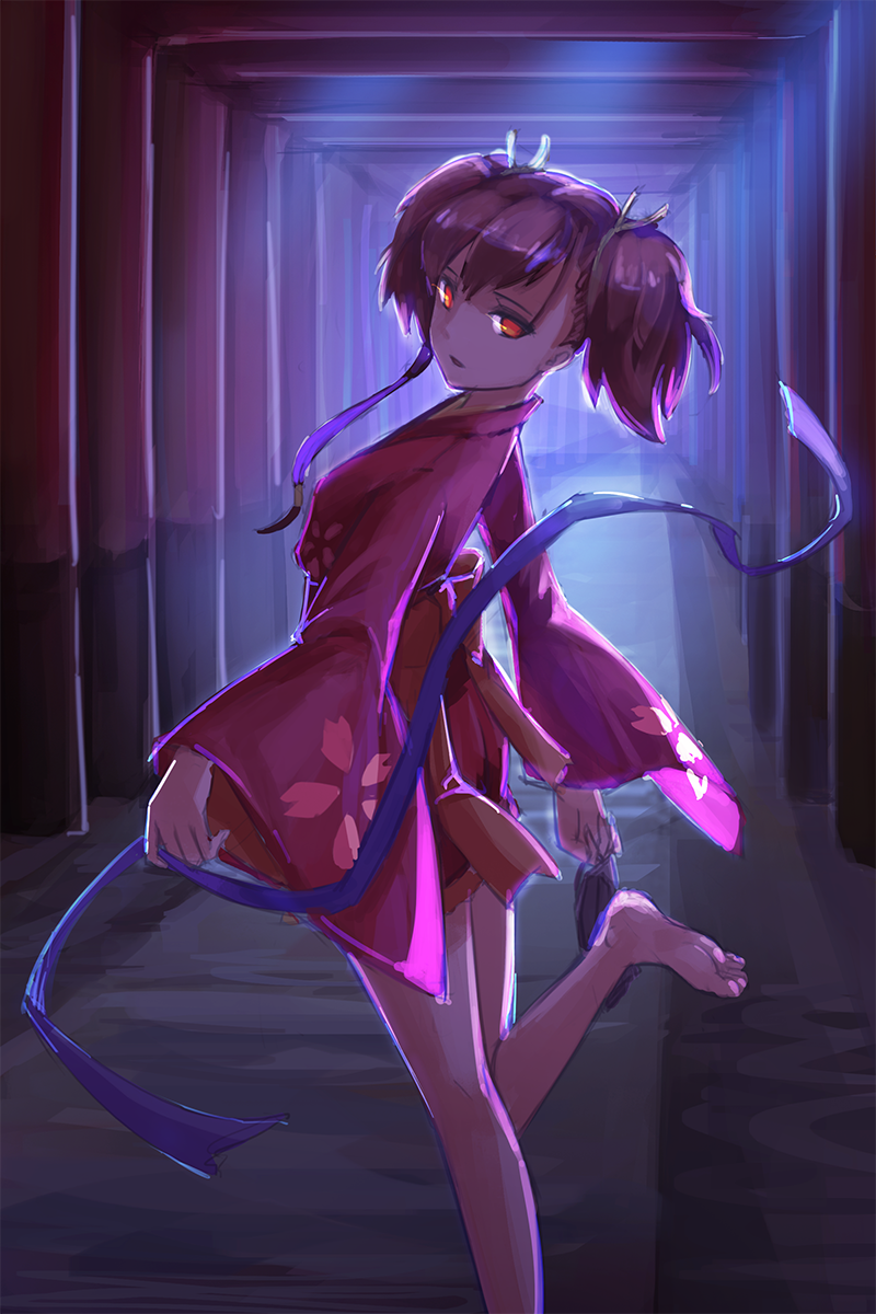 (9)_pai_bingxiang, 1girl, barefoot, brown_hair, highres, japanese_clothes, kimono, koutetsujou_no_kabaneri, multiple_torii, mumei_(kabaneri), obi, red_eyes, ribbon, sash, short_hair, solo, twintails