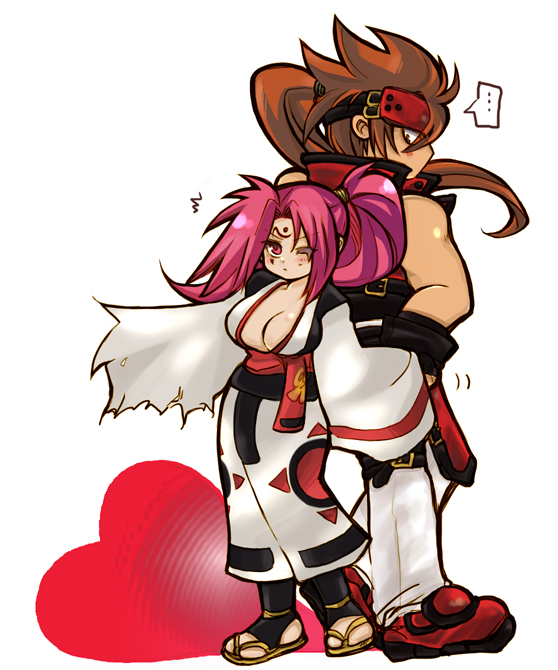1girl, back-to-back, baiken, blush, breasts, brown_hair, cleavage, guilty_gear
