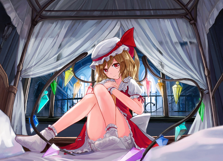 1girl, :|, arch, ascot, bangs, bare_legs, bed, bed_sheet