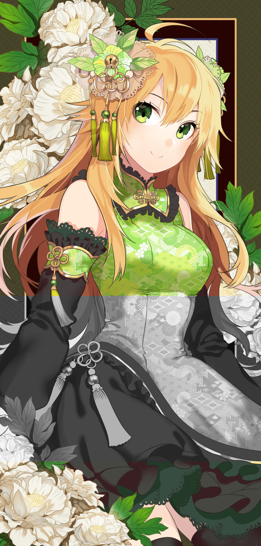 1girl, 72producer, absurdres, ahoge, artist_request, bell, black_legwear, blonde_hair