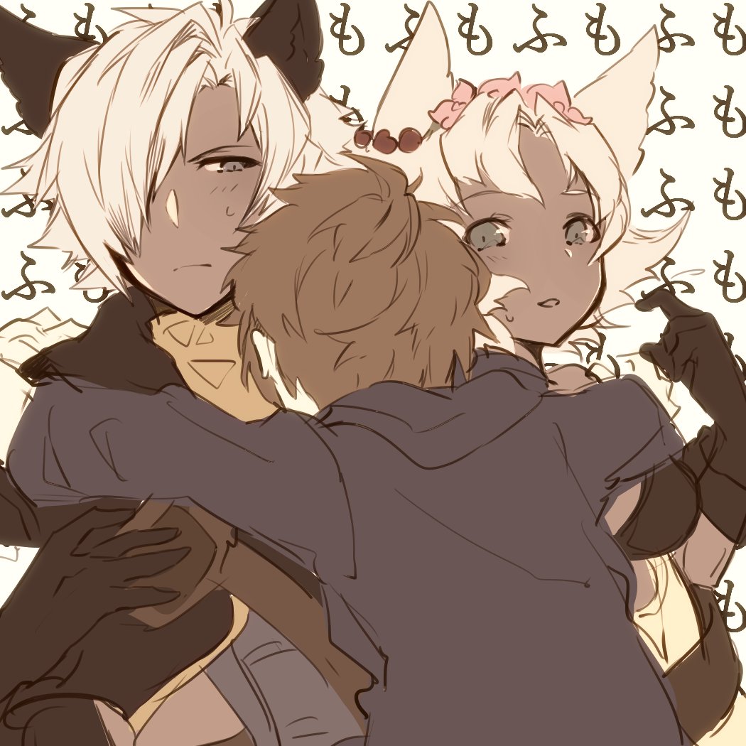 1girl, 2boys, animal_ears, black_gloves, brown_hair, cat_ears, dark_skin, eustace_(granblue_fantasy)