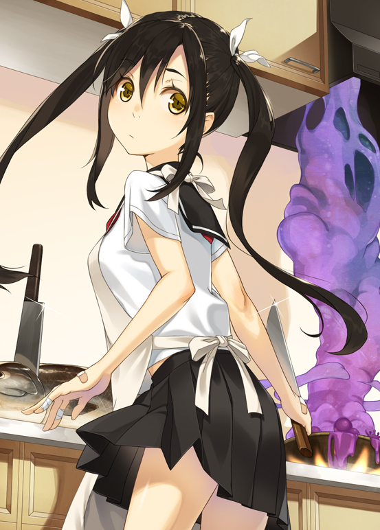 1girl, apron, back, bad_food, bandaged_fingers, bandages, bandaid, bangs, black_skirt, boiling, breasts, bubble, closed_mouth, commentary_request, cooking, cowboy_shot, exhaust_hood, eyebrows, eyebrows_visible_through_hair, eyelashes, fire, fish, food, from_behind, hair_between_eyes, hair_ribbon, holding, holding_knife, indoors, kimura_(ykimu), kitchen, kitchen_knife, knife, lens_flare, light_frown, long_hair, looking_back, miniskirt, original, planted_knife, planted_weapon, pleated_skirt, poison, pot, ribbon, short_sleeves, sidelocks, skirt, smoke, solo, swept_bangs, twintails, wall, weapon, white_apron, yellow_eyes