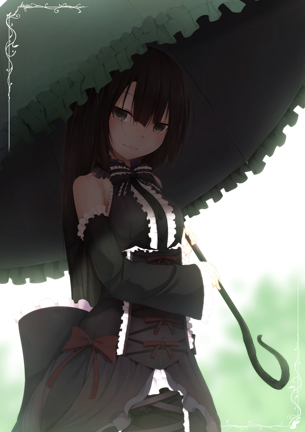 1girl, arm_garter, black_bow, black_bowtie, black_dress, black_hair, black_umbrella, blurry_background, border, bow, bowtie, center_frills, closed_mouth, cowboy_shot, detached_sleeves, dress, frilled_umbrella, frills, gothic_lolita, green_eyes, highres, kisaragi_yuki_(sora_saki), lolita_fashion, long_sleeves, looking_at_viewer, original, parasol, red_bow, smile, solo, standing, umbrella, underbust