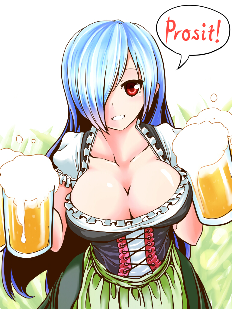 1girl, alcohol, apron, beer, blue_hair, breasts, cleavage, collarbone