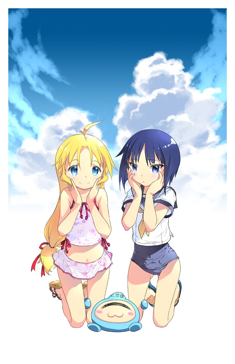 2girls, :<, bikini, bikini_skirt, blonde_hair, blue_eyes, blue_hair, camisole