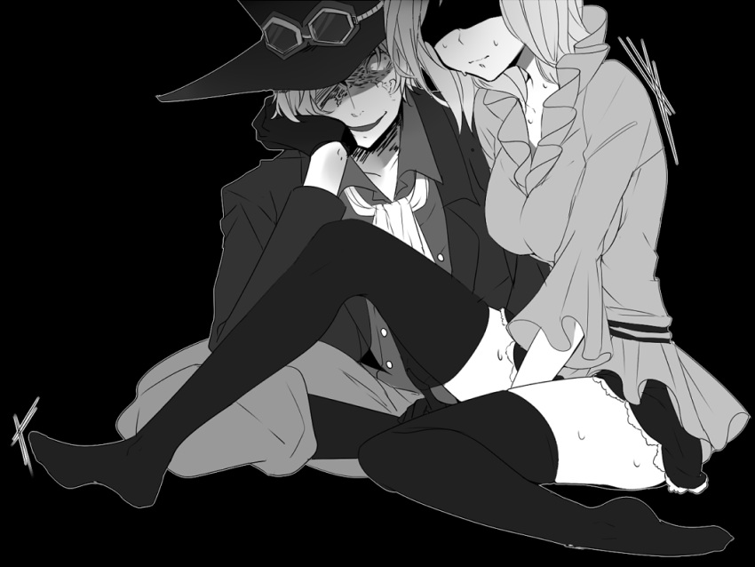 1boy, 1girl, belt, black_legwear, burn_scar, collared_shirt, gloves, goggles_on_hat