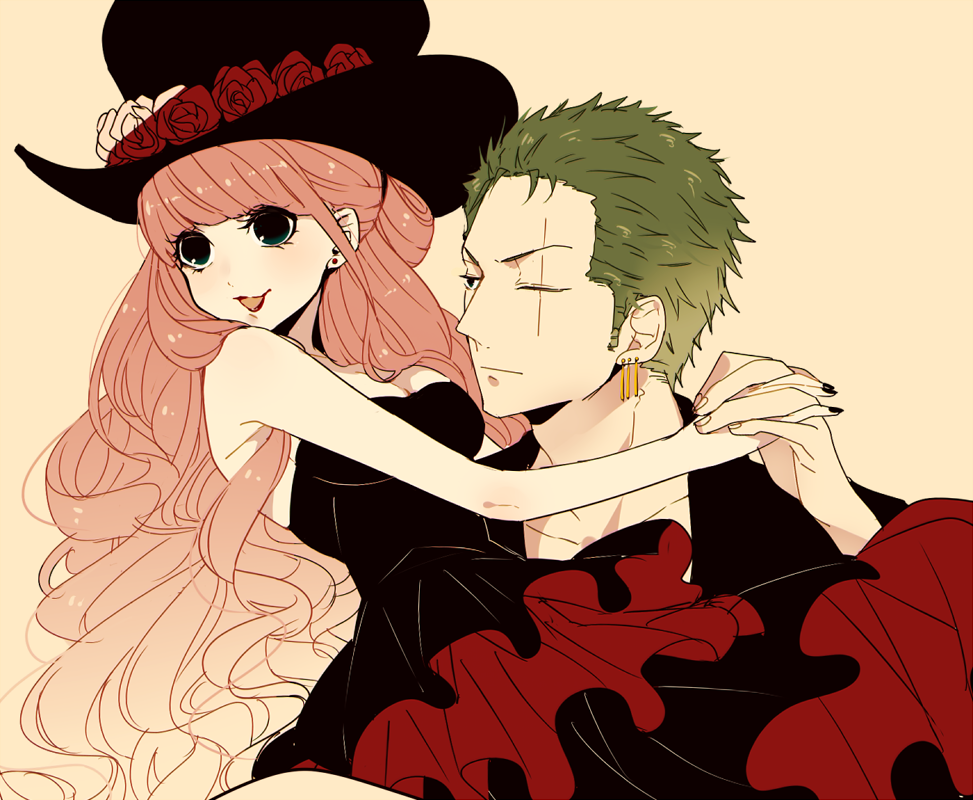 1boy, 1girl, carrying, dress, earrings, flower, green_hair, hat