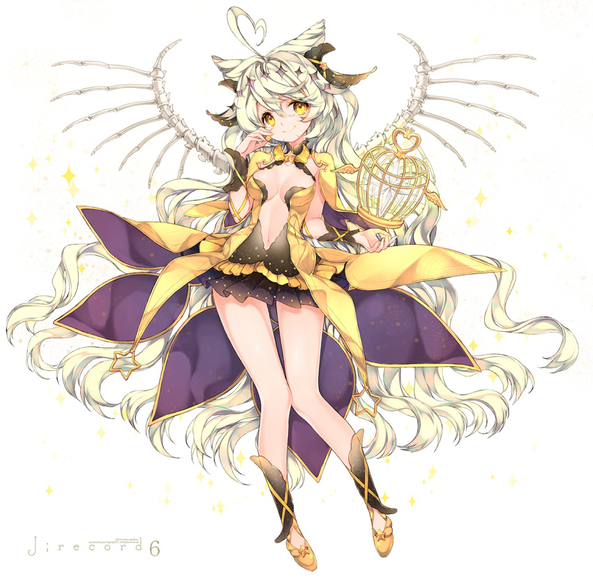 1girl, ahoge, arm_up, arm_warmers, bare_legs, birdcage, black_skirt, blush, bone_wings, breasts, cage, center_opening, cleavage, closed_mouth, earrings, green_hair, hair_between_eyes, head_tilt, heart, highres, jewelry, juna, leg_warmers, long_hair, looking_at_viewer, magical_girl, miniskirt, navel, number, original, pleated_skirt, revealing_clothes, shoes, shoulder_pads, skirt, smile, solo, sparkle, star, stomach, text, thigh_gap, wings, yellow_eyes, yellow_shoes