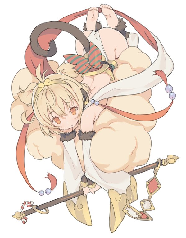 1girl, :o, anchira_(granblue_fantasy), antenna_hair, arched_back, ass, bare_shoulders, barefoot