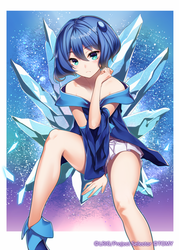 1girl, bare_legs, bare_shoulders, blue_dress, blue_eyes, blue_hair, collarbone, detached_sleeves