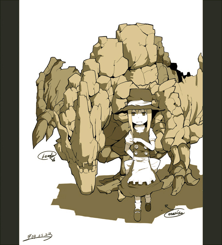 basarios, govurin, govurin_(pixiv), hat, kirisame_marisa, monochrome, monster_hunter, pillarboxed, sepia, solo, touhou, witch_hat, wyvern