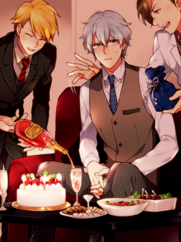 3boys, blonde_hair, brown_hair, cake, closed_eyes, facial_hair, food, gift