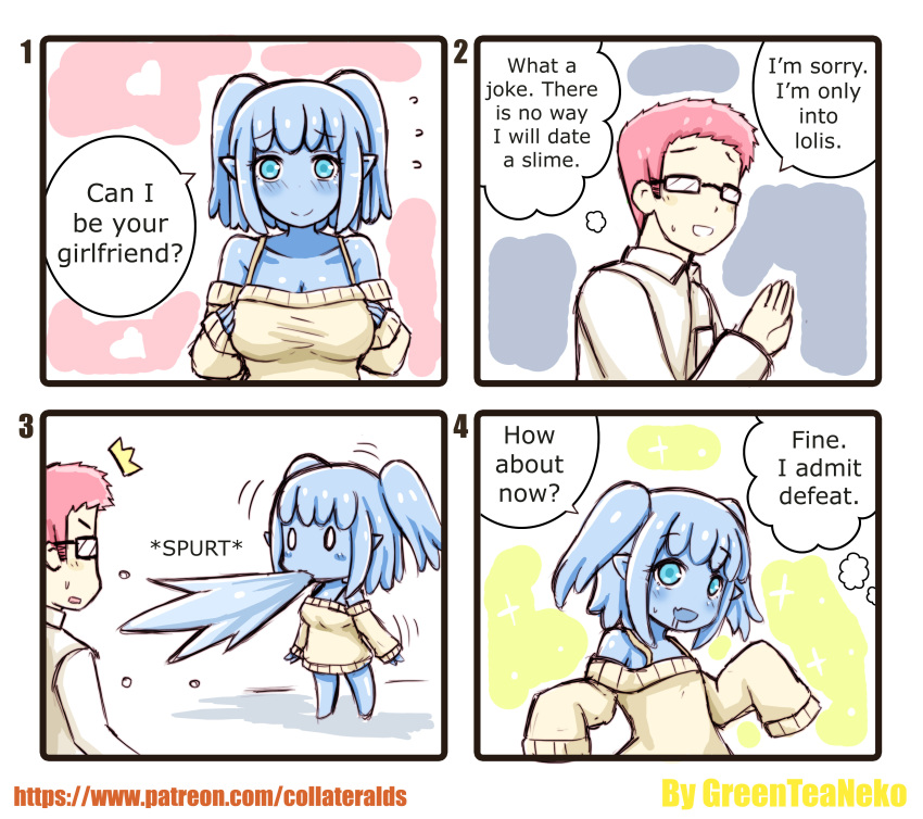 /\/\/\, 0_0, 1boy, 1girl, 4koma, absurdres, bare_shoulders, blue_eyes