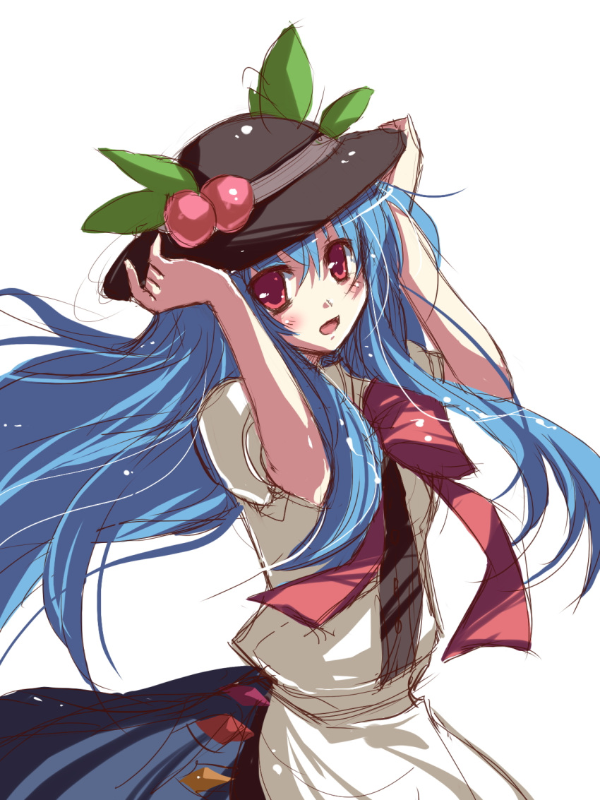 food, fruit, hat, highres, hinanawi_tenshi, long_hair, peach, rie_(artist)
