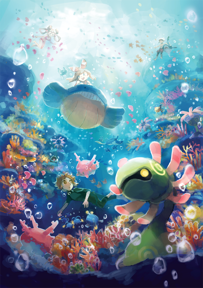 2boys, 2girls, air_bubble, bikini, bow, brown_eyes, brown_hair, clamperl, coral, coral_reef, corsola, cradily, diving, diving_suit, ezroseven, hair_bow, haruka_(pokemon), haruka_(pokemon)_(remake), kyouhei_(pokemon), lanturn, lileep, looking_at_another, luvdisc, mantine, multiple_boys, multiple_girls, ocean, pokemon, pokemon_(creature), pokemon_(game), pokemon_oras, qwilfish, sana_(pokemon), sea_anemone, sharpedo, swimsuit, touya_(pokemon), underwater, wailmer, wetsuit, yuuki_(pokemon), yuuki_(pokemon)_(remake)