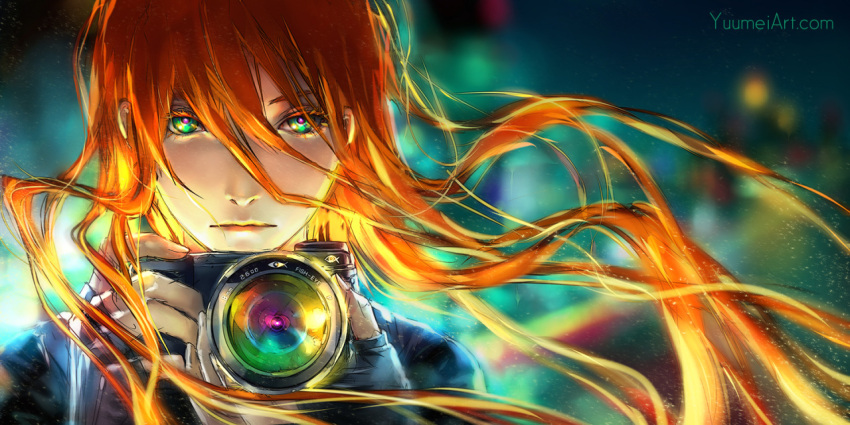 1girl, camera, fingerless_gloves, fisheye_placebo, gloves, green_eyes, long_hair, redhead