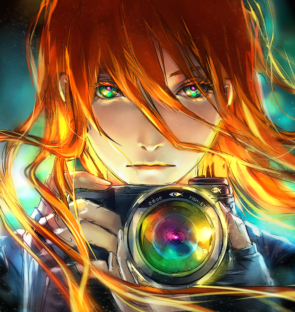 1girl, camera, close-up, fingerless_gloves, fisheye_placebo, gloves, green_eyes, long_hair
