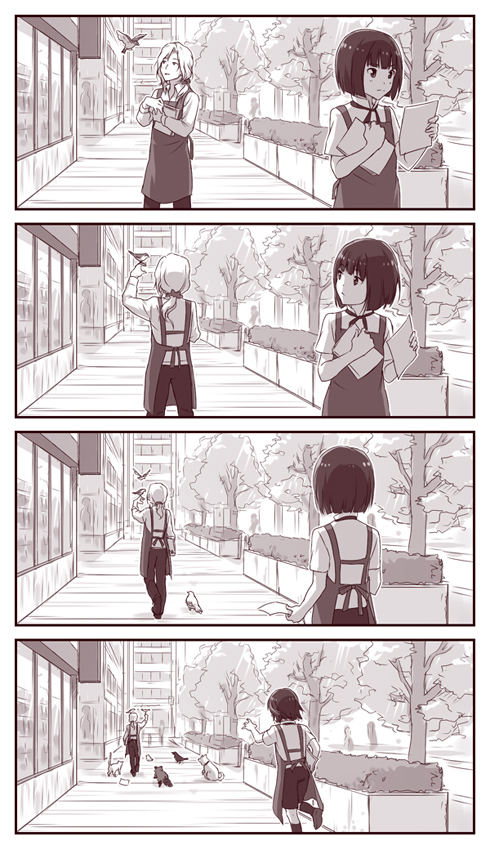 2boys, 4koma, altessimo, apron, bird, bob_cut, cat, comic