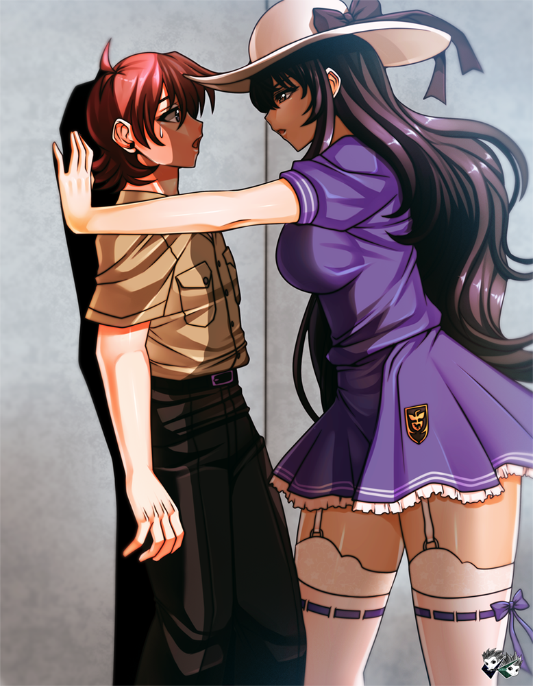 1boy, 1girl, black_hair, blue_eyes, brown_eyes, commentary, garter_straps, hat
